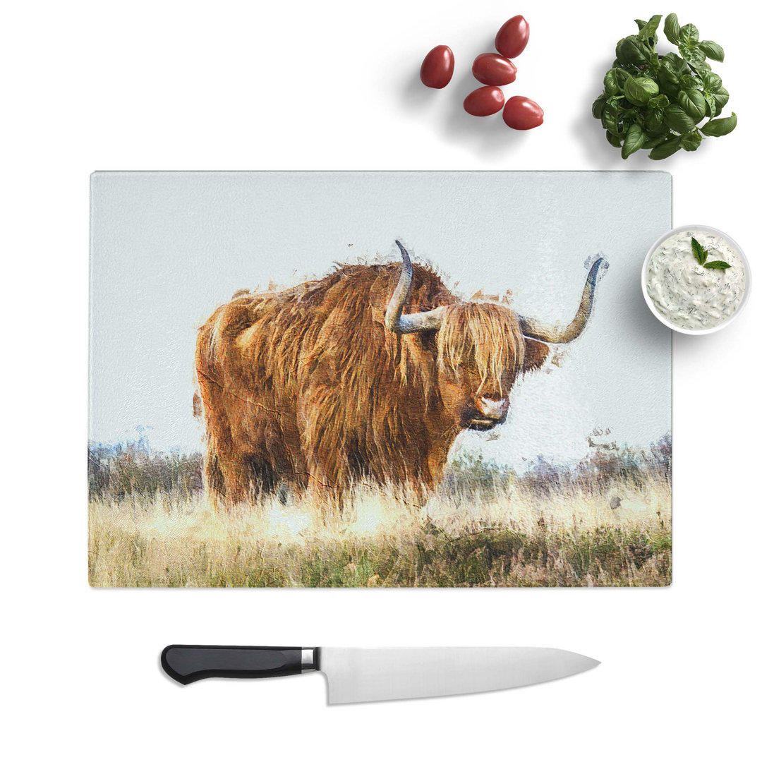 Glass Majestic Highland Cow in Abstract Chopping Board