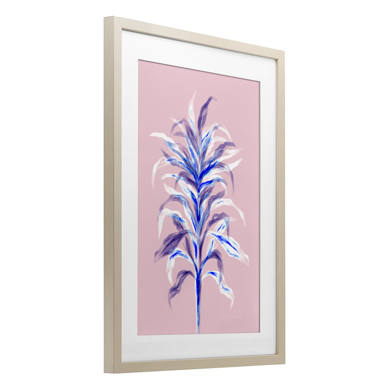 Bambou rose avec feuilles, reproduction sous verre, design par Martina Pavlova, H 23 po x l 17 po, Cadre de récolte en pin