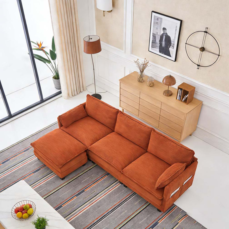 Oversized Modular Sectional Sofa with Movable Ottoman, Orange