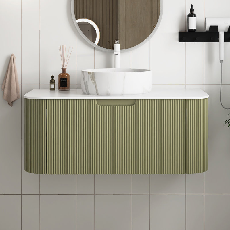 Meuble-lavabo mural avec plateau et tiroir, Vert, Marbre, 36"
