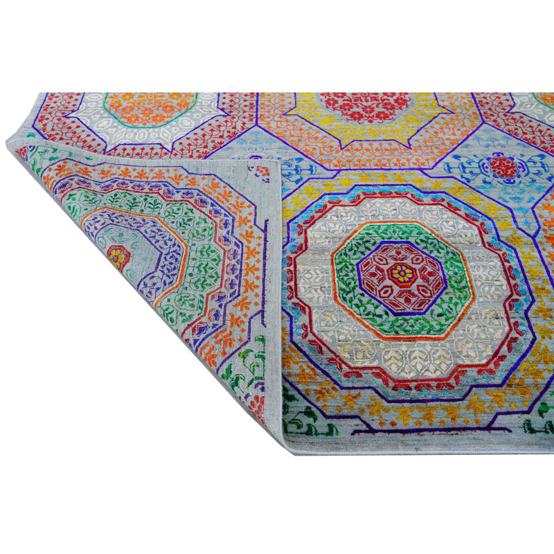 Hand Knotted Area Rug in Blue/Green/Red/Gray, Rectangle 9' x 12'
