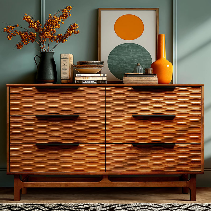 Commode 6 tiroirs en bois massif avec façades ondulées à commande numérique, large commode de rangement Mid-Century moderne, finition noyer