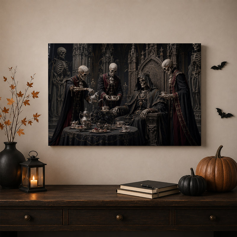 Squelettes gothiques en robes rouges autour d'une table à thé - Toile murale d'Halloween, H 12 po x l 18 po