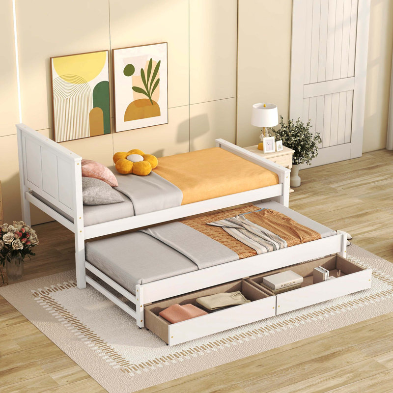 Lit plateforme simple avec lit gigogne escamotable et tiroirs de rangement intégrés pratiques, blanc, Blanc