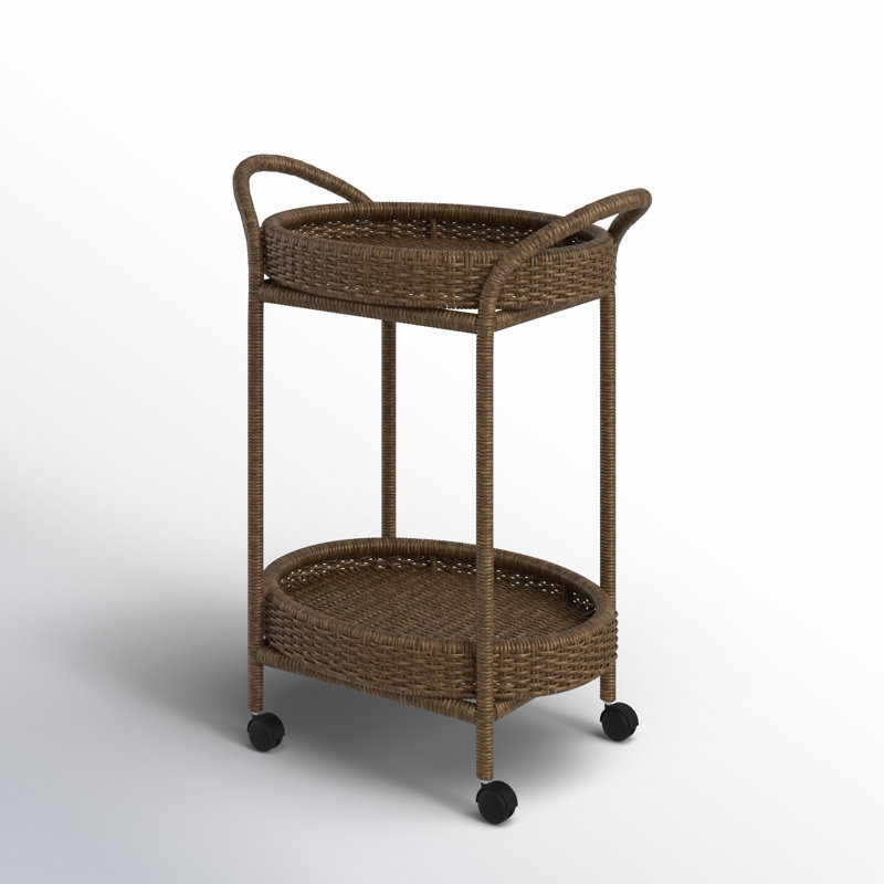 Brown Oval Rattan Bar Cart with Woven Baskets
