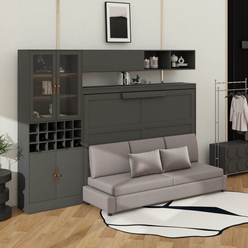 Lit escamotable mural avec canapé intégré, tablettes, ports USB et éclairage, gris, Double