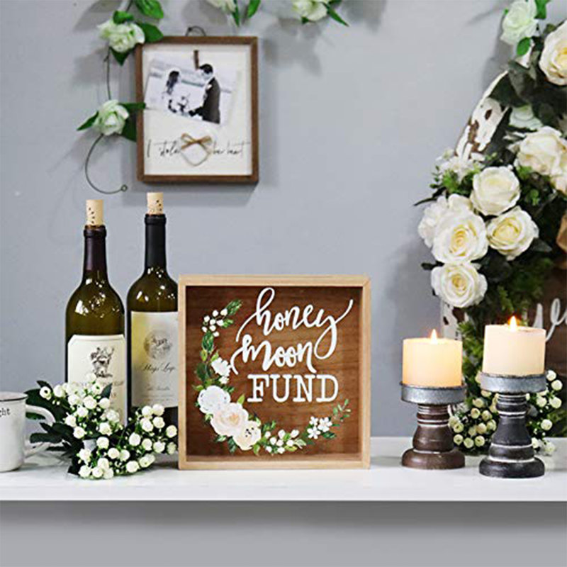 Honey Moon Fund Box, Rustic Wood Wedding Card Box With Mixed Floral Garland Design For Wedding Decorations, Birthdays, Graduations, Baby And Bridal Showers, 9.5" X 3" X 9.5", Honey Moon Fund