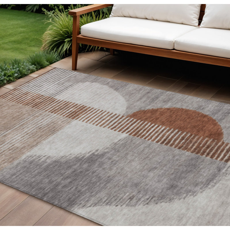 Tapis extérieur lavable à motif géométrique taupe et rouille 9 pi x 12 pi