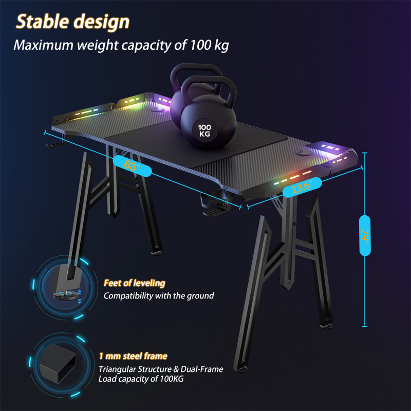 LED Gaming Desk, Gaming Table, Computer Desk with Drink Holder and Headphone Hooks, PC Table, Gamer Table, Gaming Table with Carbon Fibre Coating, M-Frame