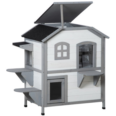 2-Storey Outdoor Weatherproof Wooden Cat House Enclosure For Feral Cats With Escape Door, Openable Roof, And Jumping Platforms, White