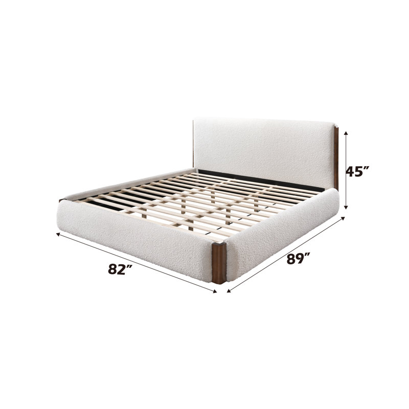Sandro King White Boucle Upholstered Bed with Walnut Frame