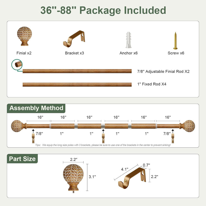 1" Adjustable Wood Curtain Rod 36-88" with Leaf Pattern Finials, Heavy Duty Boho Drapery Rod Set, Natural Wood