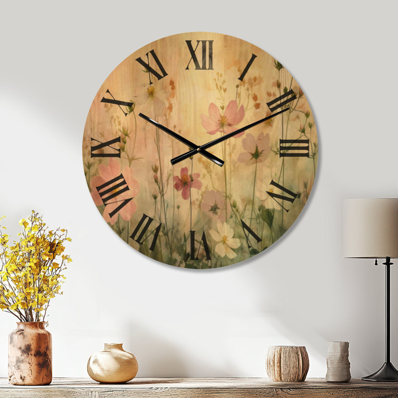 Horloge murale florale en bois - Fleurs sauvages printanières, Medium