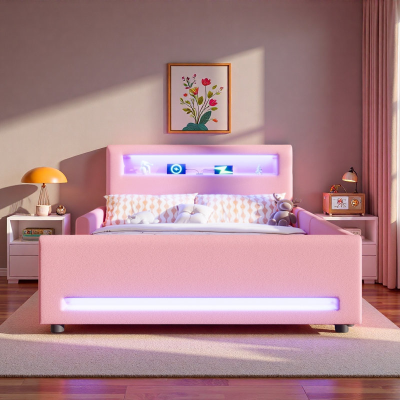 Lit plateforme tapissier avec tiroir, bande lumineuse à DEL et port USB, Lit double, Rose