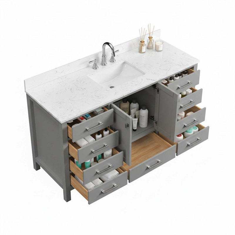 Meuble-lavabo autoportant moderne avec structure en bois massif et lavabo intégré, Gris