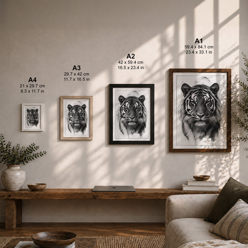 Tiger Gaze Modern - Framed Print, Oak, A4 - 29.7 x 21.0 cm