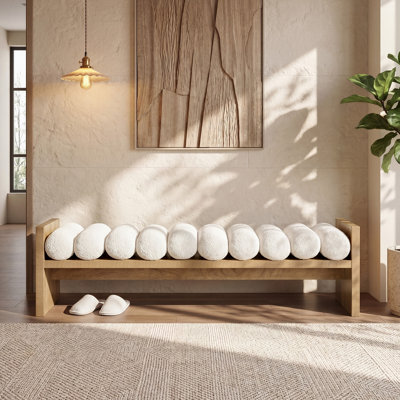 59'' Wooden Entryway Bench with Boucle Cushion, Upholstered Fabric End of Bed Bench, Aesthetic Large Oval Ottoman for Living Room, Hallway
