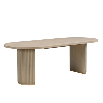 Dining Table, Oval Shape, Double Pedestal, Solid & Engineered Wood, Half-Moon Legs, Vertical Grooves, Natural Grain Finish, Fits Up To Six People