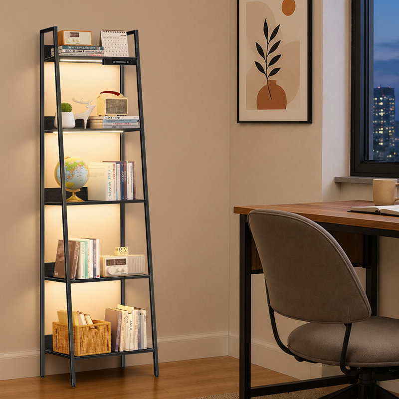 5-Tier Trapezoidal Bookshelf with Lighting and Touch Slider Control, Black