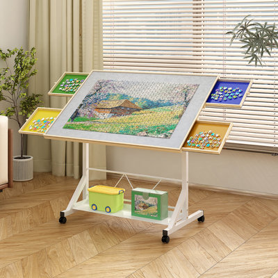 (WHITE) Wooden 1500 Piece Puzzle Table With Drawer, 35"*27.17" Adjustable Puzzle Table, 360° Tilting Puzzle Table With Legs And Wheels, Adjustable Height And Angle, With Protective Cover