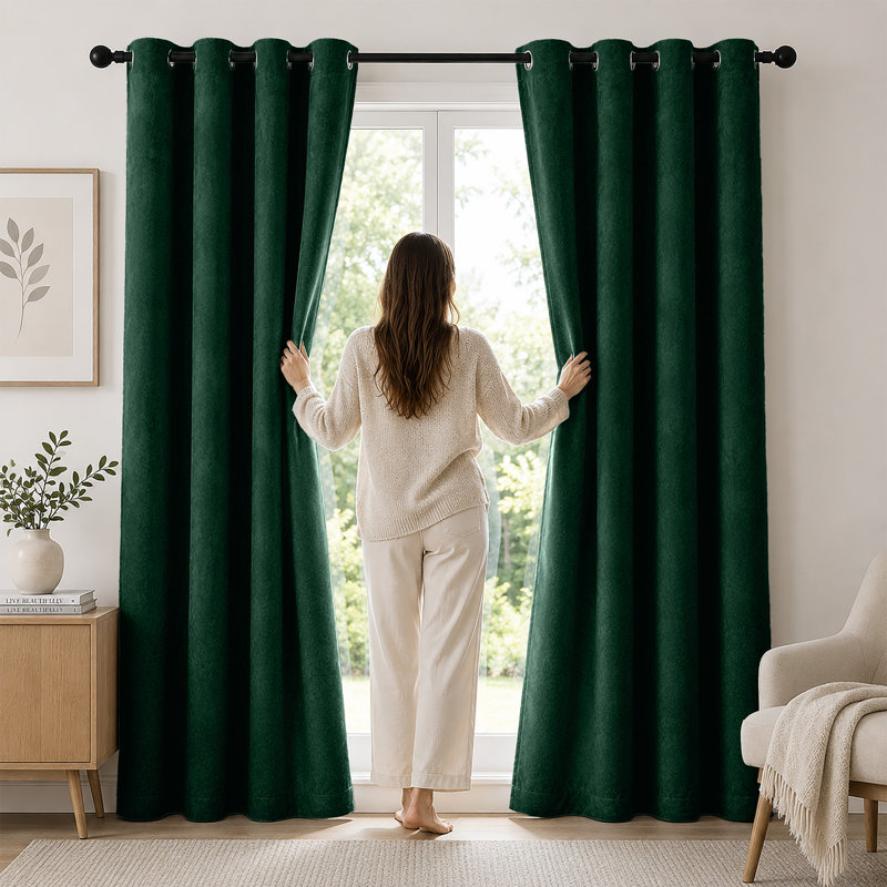 Thermal Velvet Curtains with Eyelet Ring Top - Blackout Crushed Velvet Drapes Pair, 168cm Width x 137cm Drop, Green Emerald