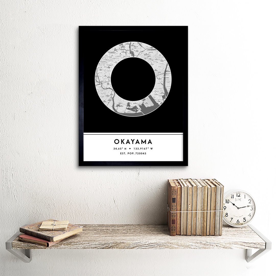 Okayama Japan City Map Black And White - Single Picture Frame Typography