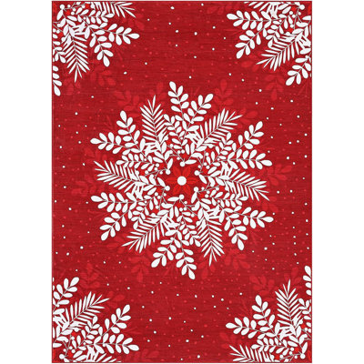 Tapis lavable à motif flocons de neige de Noël, rouge, 244 x 305 cm, antidérapant, à poils courts.