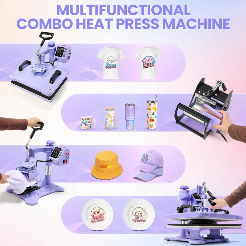 8 in 1 Heat Press Machine 12" x 15" Digital Multifunction Shirt Transfer Machine for DIY T-Shirt Hat Cap Mug Plate, Purple
