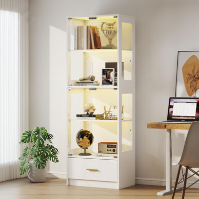 Minimalist Modern Style 5-Tier Glass Display Cabinet with LED Lights & Adjustable Shelves & 1 Drawer, Curio Cabinet for Home & Office by Ningbo xiangshu dianzishangwu youxiangongsi