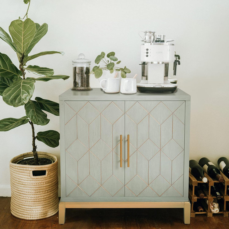 Green and Gold Geometric Patterned Wooden Cabinet with Adjustable Shelving