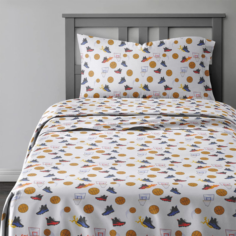 Full Basketball Print Blue Microfiber Kids Sheet Set