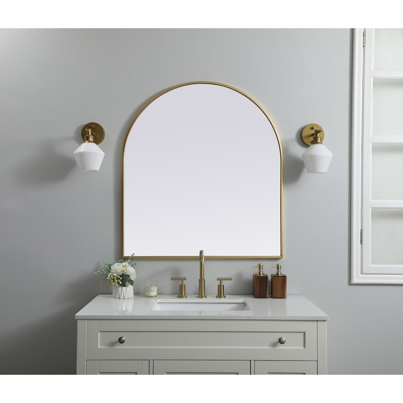 Sabine Metal Arch Wall Mirror, Brass, 36" x 33"