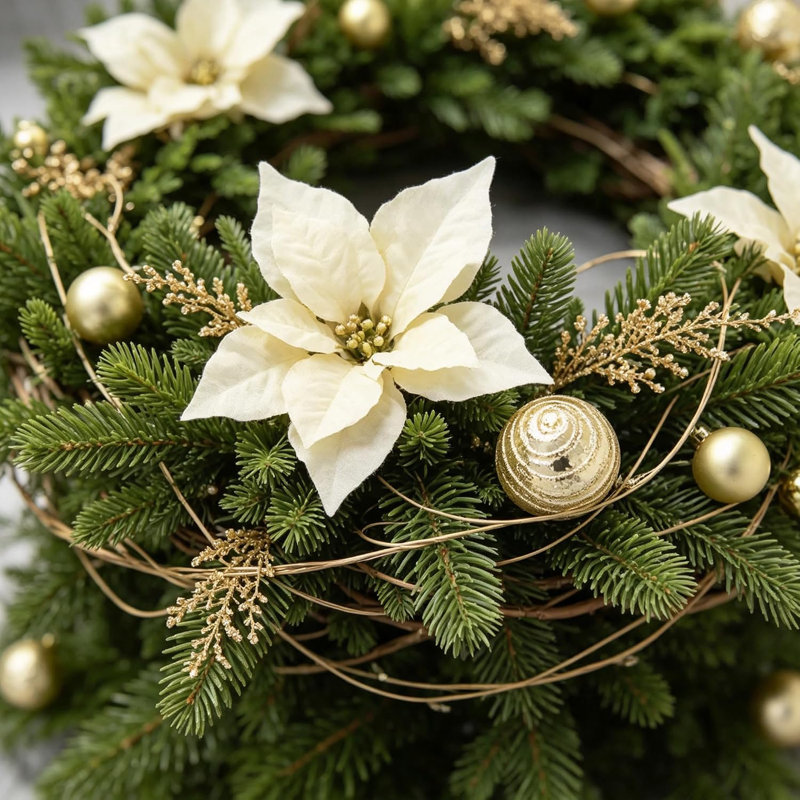 Guirlande de Noël artificielle 6 pi | Feuillage de pin réaliste; poinsettia blanc de qualité supérieure; boules dorées incassables; Structure en fil pliable