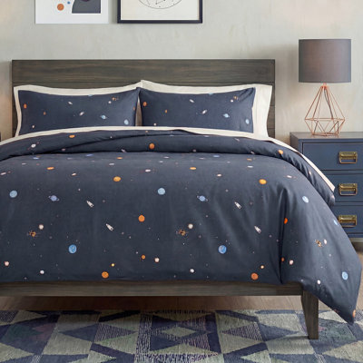 King Duvet Cover Set, 3-Piece 100% Cotton Twill Space Bedding, Solar System Planet Duvet Cover, Soft Breathable Galaxy Bedding, Navy Blue