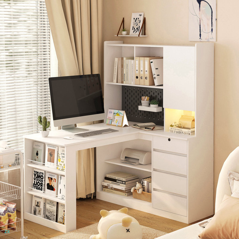 L Shaped Desk With Charger,Computer Desk With Drawers,Bookshelf, With LED Light,Modern Corner Desk,Home Office Desk,L-Shaped Study Table Writing Desk,Corner Gaming Computer Desk With Storage
