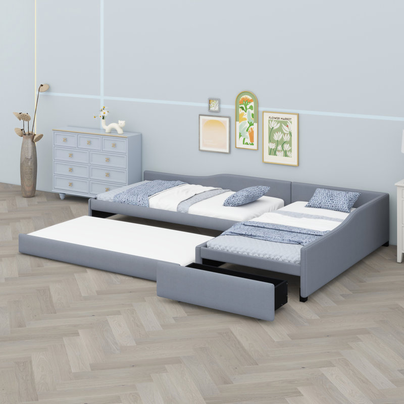 Lit de jour avec design rembourré, lit gigogne et tiroir sous le lit, Gris