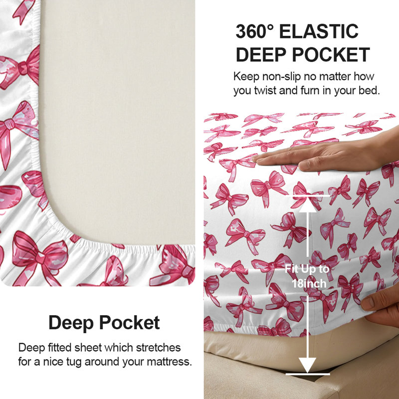 Sheet Set, Twin Sheet Set with 1 Pillowcase, Large Pink Bow