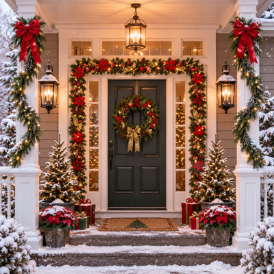 Guirlande lumineuse de Noël rouge et or de 1,80 m avec fleurs et boules