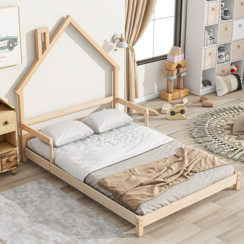 Lit de tête de lit en bois avec rampes et lattes Alveda, Naturel, Double