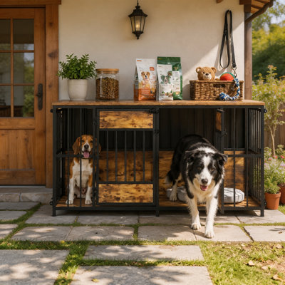 Mobilier de caisse en bois pour chien, grand chenil d'intérieur pour chien avec plateau de rangement - Table de bout multifonctionnelle pour animaux de compagnie