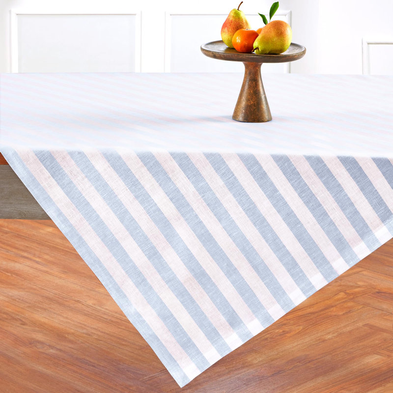 Fete - 100% Pure Linen Table Throw, Blue/White, Striped