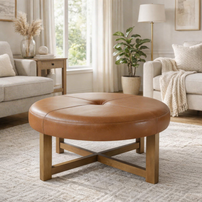Grand pouf rond, base en bois et cuir PU, table basse moderne pour la maison, Bois brun 2