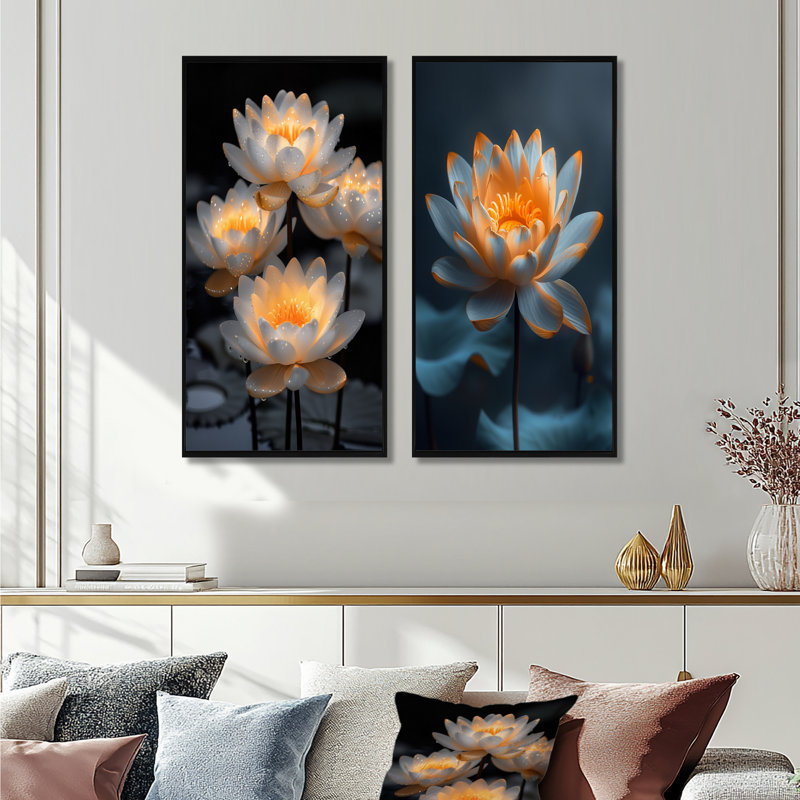 Ensemble de 2 pièces d'art mural blanc et jaune, H 40 po x l 40 po, Noir, noir, noir, noir, Impression encadrée