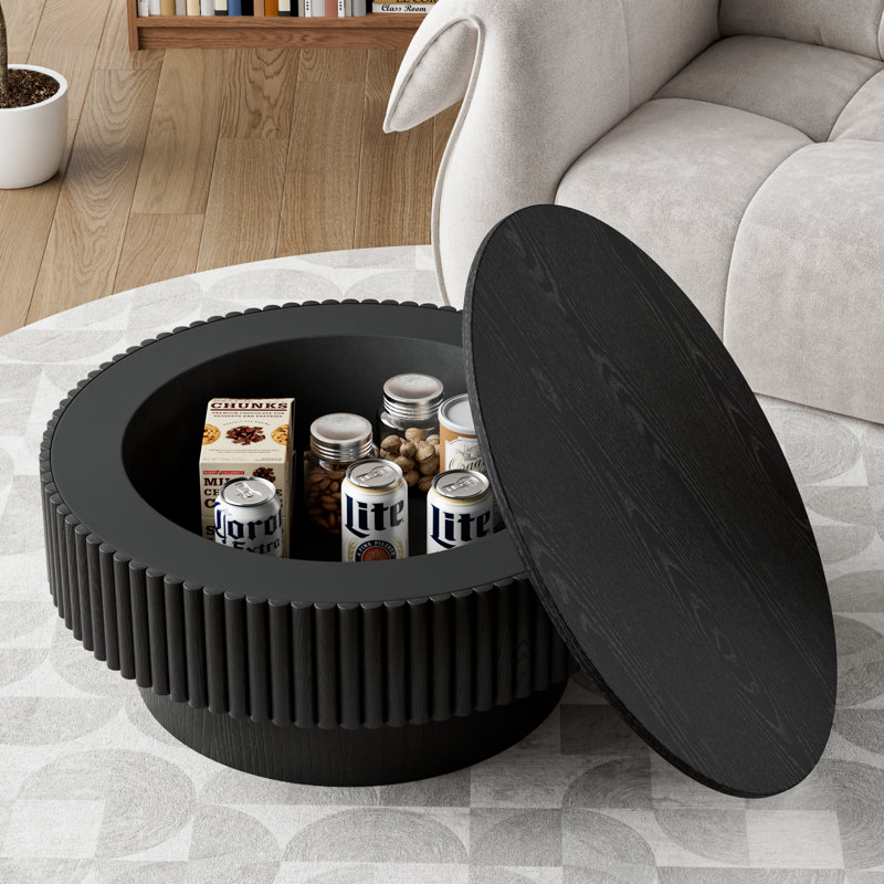 Round Drum Coffee Table with Storage, 14" H x 31.5" W x 31.5" D, Black