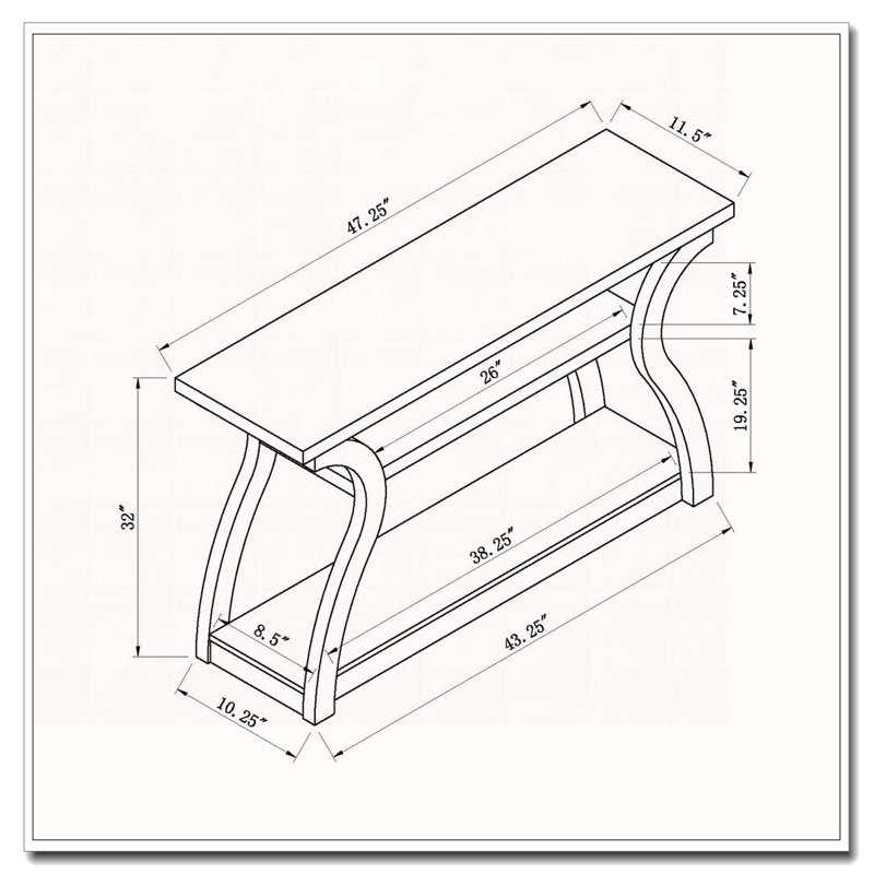 Entryway sofa hall console curvy leg design two shelves thick top panel White Oak color