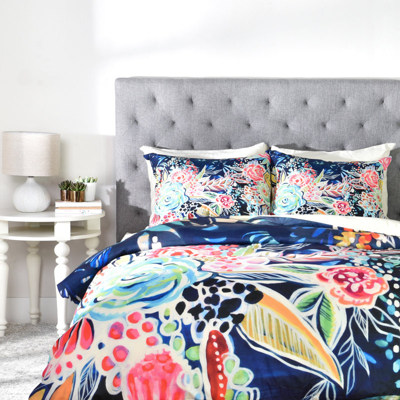 Night Bloomers Modern & Contemporary Polyester Floral Duvet Cover, Queen Duvet Cover