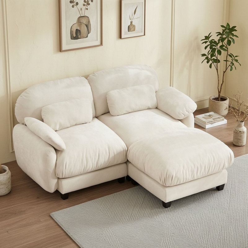 Canapé d'angle en chenille avec pouf amovible, Beige