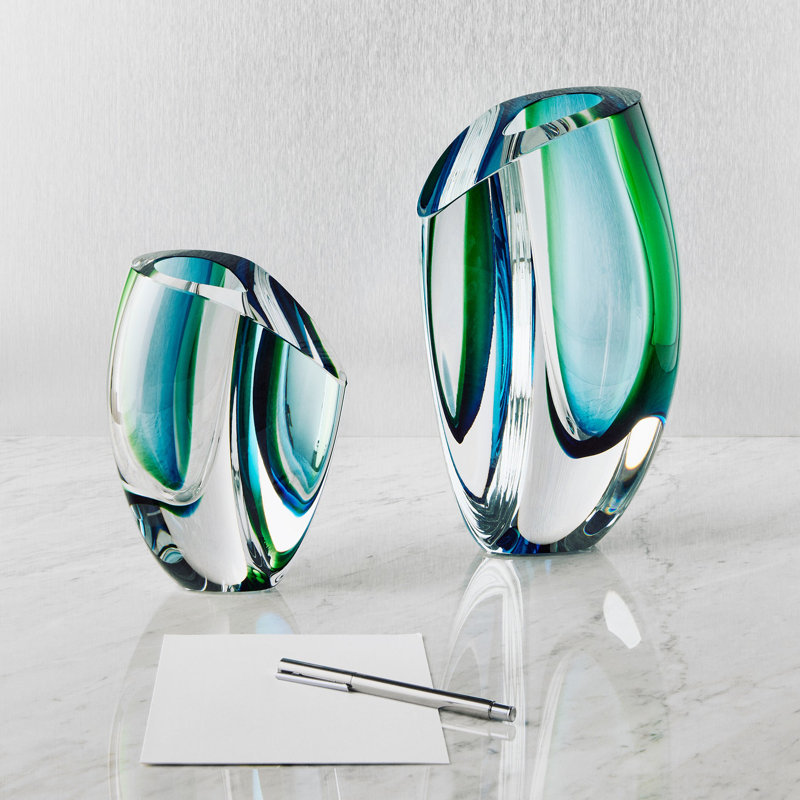 Mirage Handmade Glass Table Vase, 8.25" H x 5.5" W x 5.5" D, Blue/Green