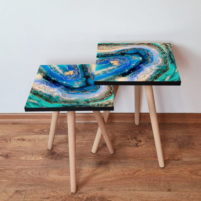 Elegant Marble Nesting Table Set (2 Pieces), Abstract Design, 13.8 x 18.5 x 13.8 inches & 13.8 x 16.5 x 13.8 inches | 100% MDF with Beech Wood Legs, Sturdy & Stylish for Living Room, Modern Home Décor
