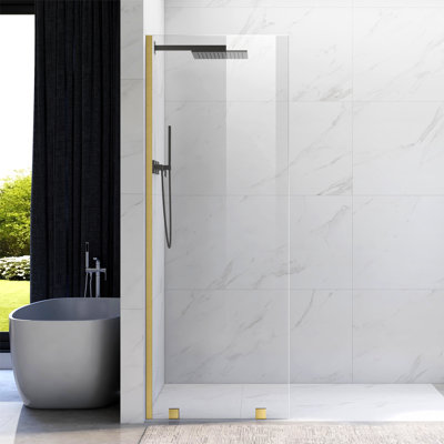 UKH07B 36-1/2 in. W x 80 in. H Frameless Fixed Shower Glass Panel  with U-Channel in and 3/8 in. Clear Glass in Satin Brass